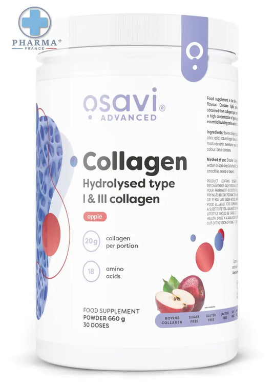 Conteneur blanc cylindrique d’osavi collagène hydrolysed type 1 et 3 saveur pomme avec accent violet sur le couvercle