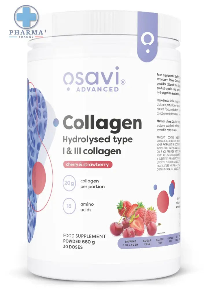 Contenant blanc cylindrique osavi collagène hydrolysed type cerise et fraise poudre 300 g avec couvercle blanc