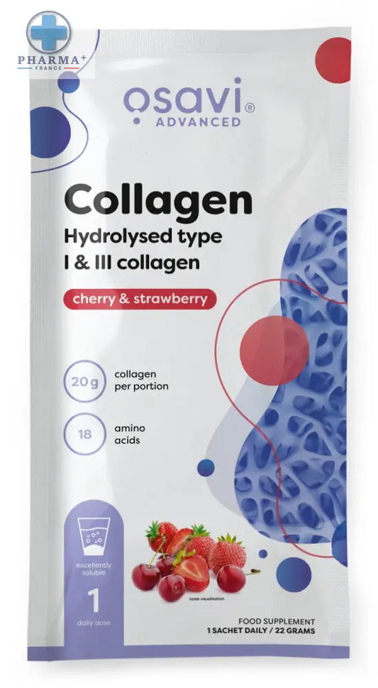 Osavi collagène hydrolysed sachet 300 g type cerise et fraise avec emballage blanc et graphismes abstraits rouges et bleus