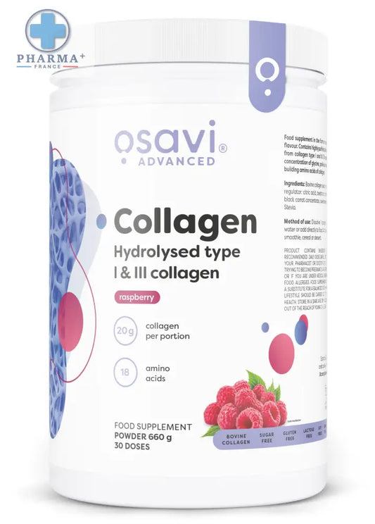 Contenant blanc cylindrique de poudre osavi collagène hydrolysé type framboise avec étiquette blanche et accents violets