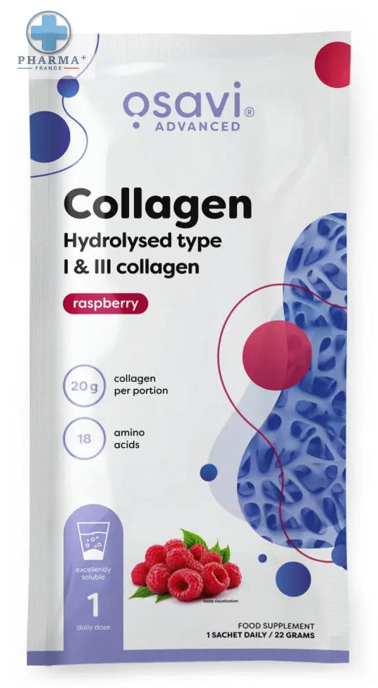 Un paquet blanc et bleu d osavi collagène hydrolysed type i et iii framboise avec design graphique de framboises et cercles abstraits