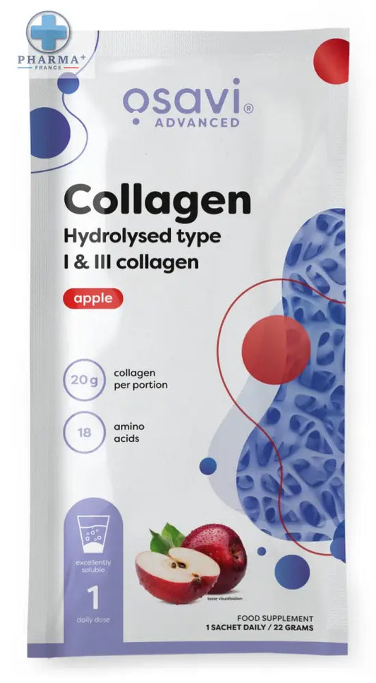 Osavi collagène hydrolysed type poudre sachet blanc et bleu saveur pomme avec design moderne et pommes tranchées