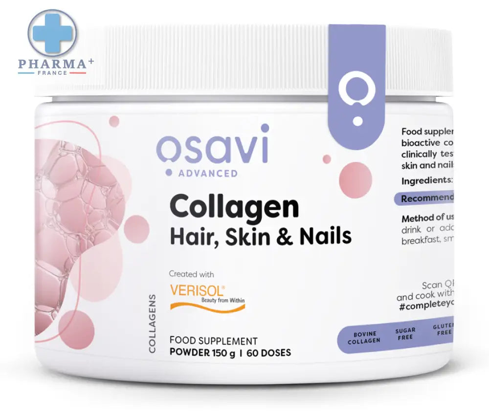 Contenant blanc cylindrique d osavi collagène peptides cheveux peau et ongles poudre 150 g avec accents violets et roses