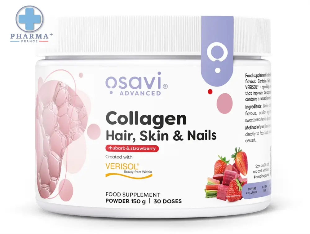 Osavi collagène peptides poudre 300 g pour cheveux peau et ongles avec étiquette rose et violette sur pot blanc
