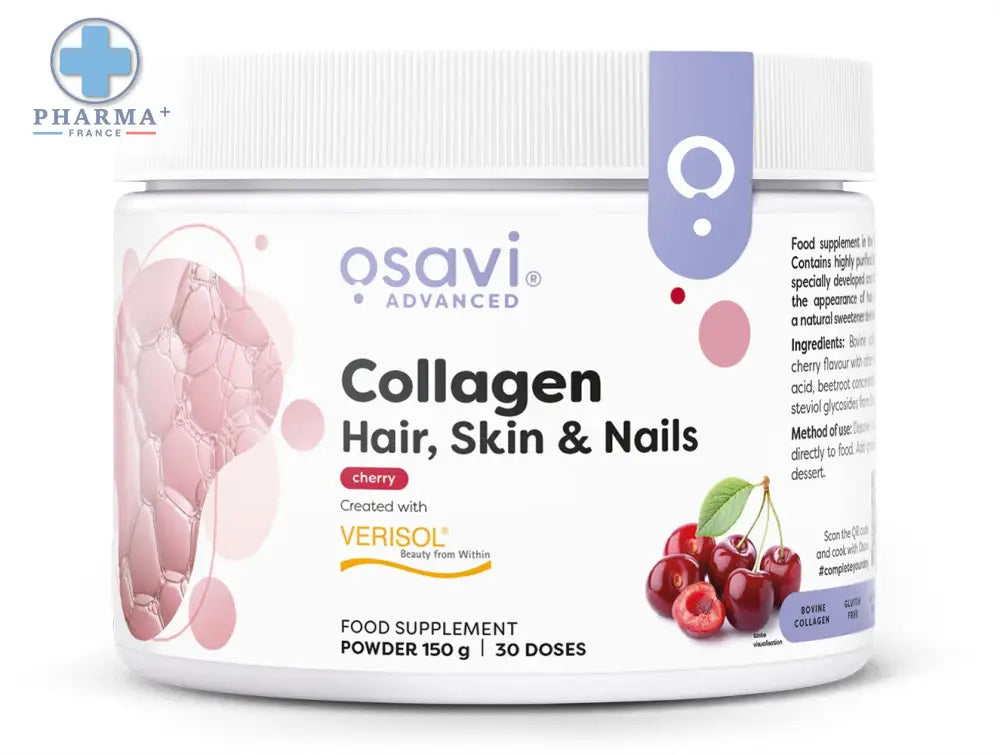 Pot blanc cylindrique osavi collagène peptides cerise 300 g poudre cheveux peau ongles avec couvercle blanc et bande violette