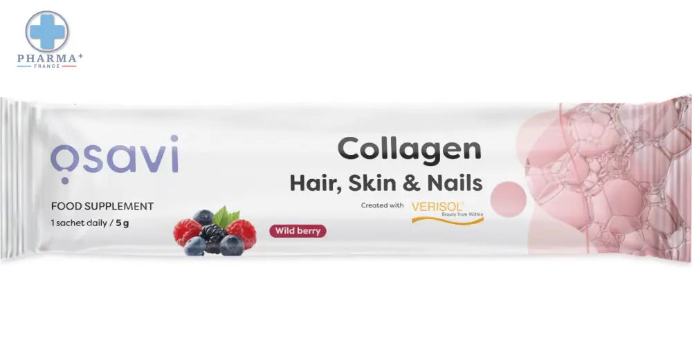 Un sachet blanc élégant d osavi collagène peptides pour cheveux peau ongles saveur fruits des bois wild berry