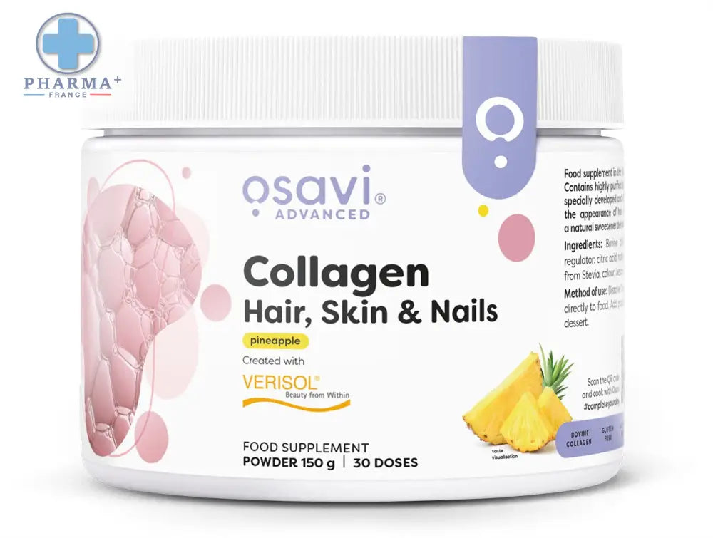 Conteneur blanc cylindrique d osavi collagène peptides poudre goût ananas 300 g avec bande violette pour peau et cheveux