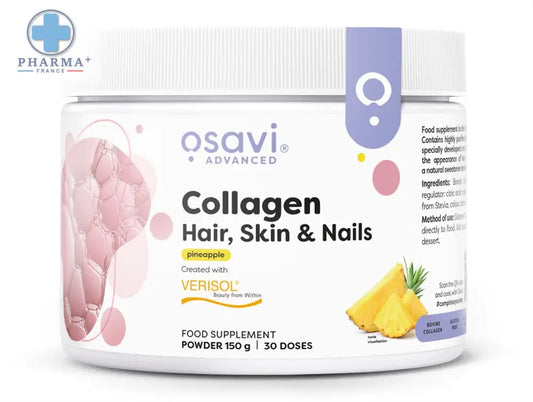 Conteneur blanc cylindrique d osavi collagène peptides poudre goût ananas 300 g avec bande violette pour peau et cheveux