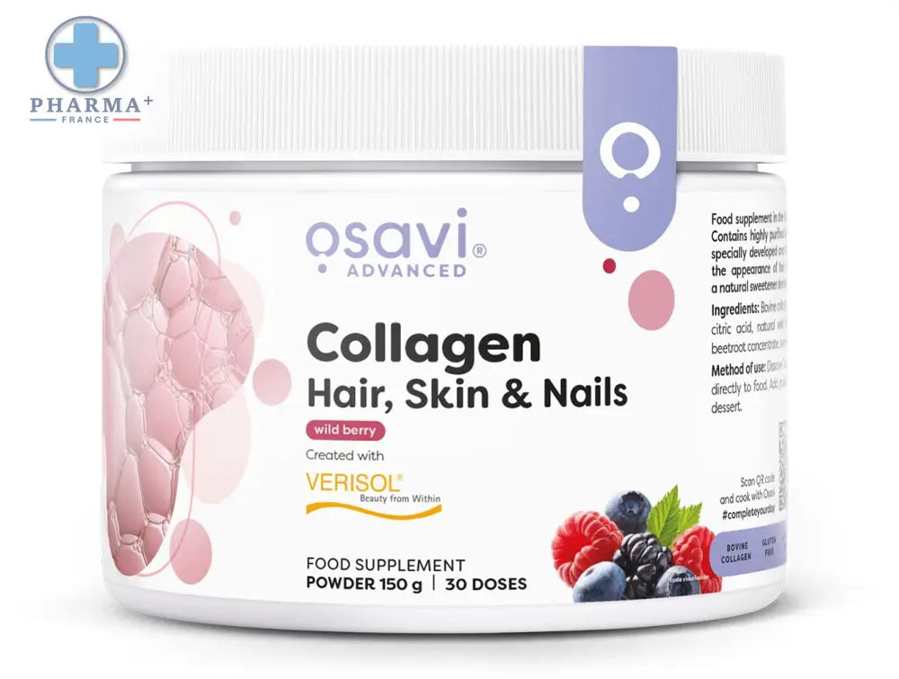 White cylindrical container of osavi collagène peptides poudre wild berry 300 g with pink collagen and berry illustrations for hair skin care