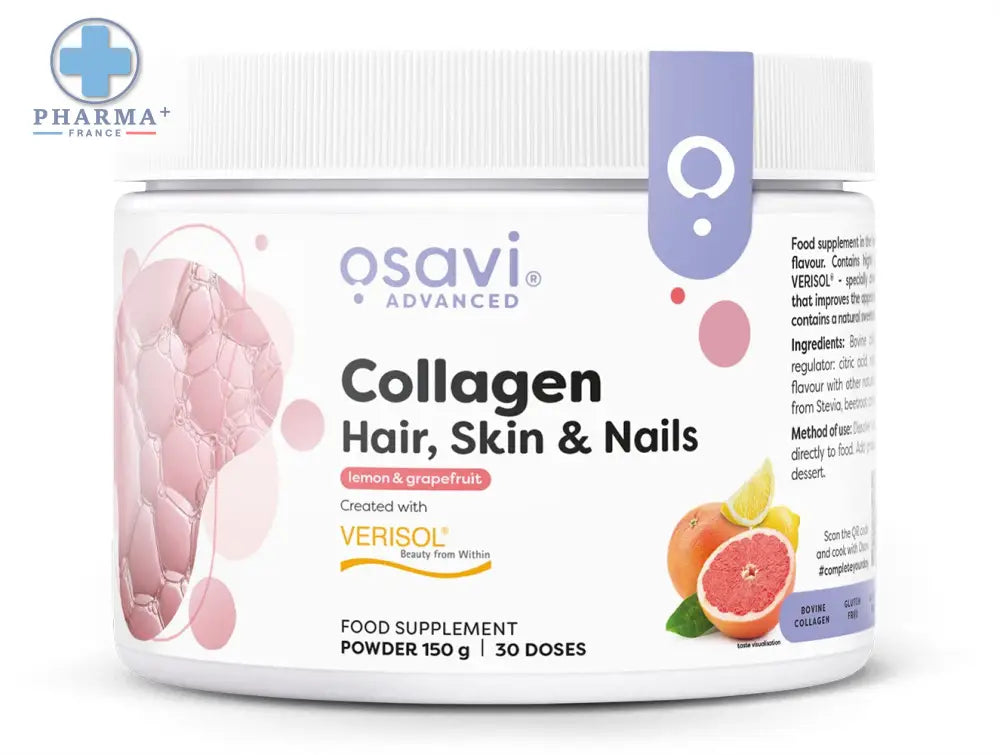 Contenant cylindrique blanc d osavi collagène peptides saveur citron pamplemousse avec accents roses et lid côtelé blanc pour peau et cheveux