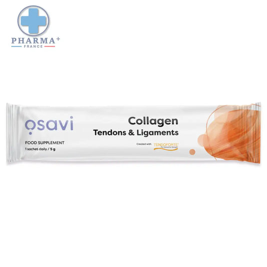 Un sachet blanc élégant d osavi collagène peptides tendons et ligaments complément alimentaire à base de design minimaliste avec accents violet et orange