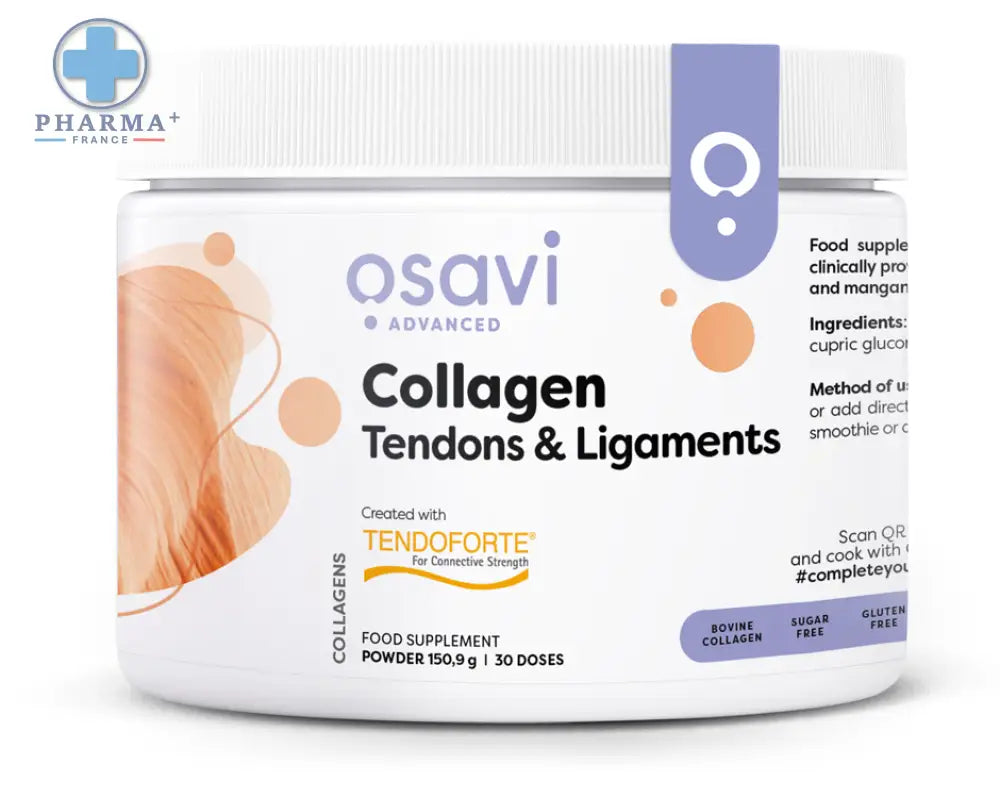 White cylindrical container of osavi collagène peptides tendons et ligaments poudre 300 g with purple accent label and white ribbed lid