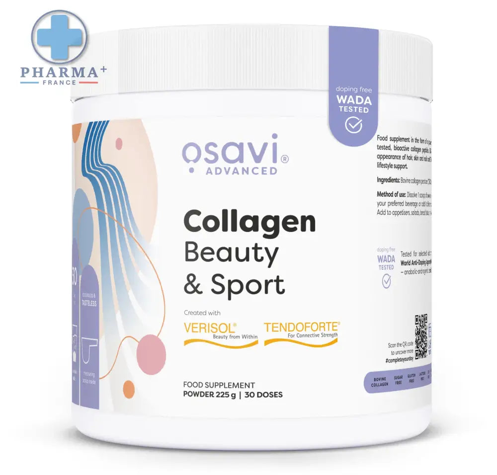 Pot de poudre blanche osavi complément alimentaire à base de collagène beauty sport avec design abstrait violet et bleu