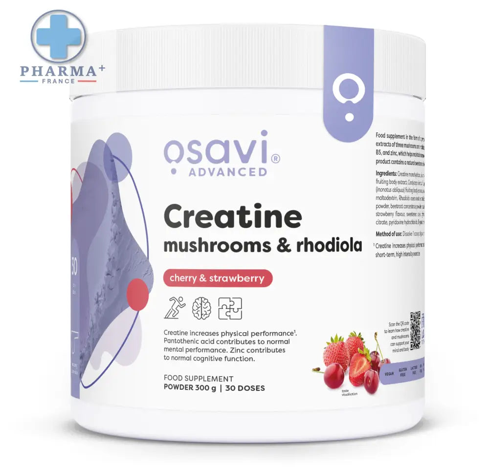 Pot de complément alimentaire osavi créatine rhodiola cerise fraise destiné aux sportifs en poudre blanche cylindrique