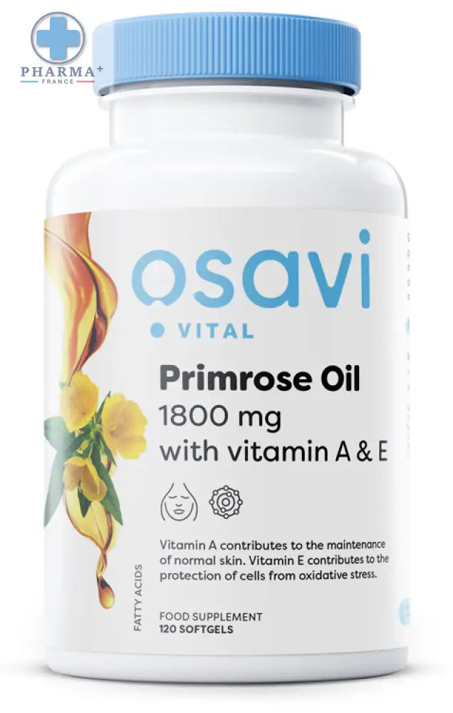 Flacon en plastique blanc avec capsule bleue et étiquette osavi vital huile de primevère 1800 mg 60 gélules