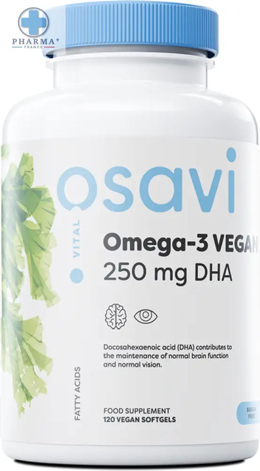 Bouteille blanche en plastique avec bouchon bleu et étiquette osavi oméga-3 vegan 250mg dha gélules molles vegan