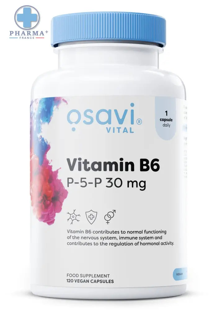 Bouteille en plastique blanc avec bouchon bleu contenant 120 gélules végétaliennes p-5-p vitamine b6 osavi complément alimentaire vitaminé