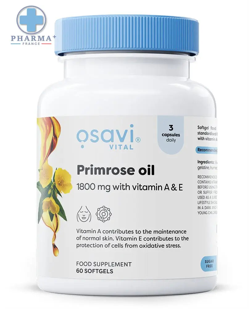 Bouteille blanche en plastique avec capsule bleue et étiquette jaune primrose contenant osavi primrose oil 1800 mg capsules