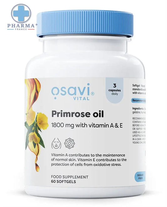 Bouteille blanche en plastique avec capsule bleue et étiquette jaune primrose contenant osavi primrose oil 1800 mg capsules
