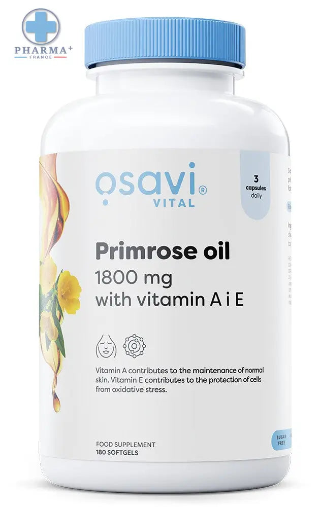 Bouteille en plastique blanc avec capsule bleue claire étiquetée osavi primrose oil 1800 mg contenant vitamine a i e