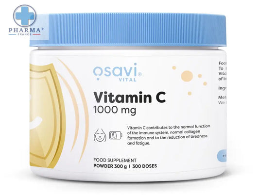 Pot de vitamine c poudre osavi vital blanc avec couvercle bleu clair et étiquette or pour complément vitaminé
