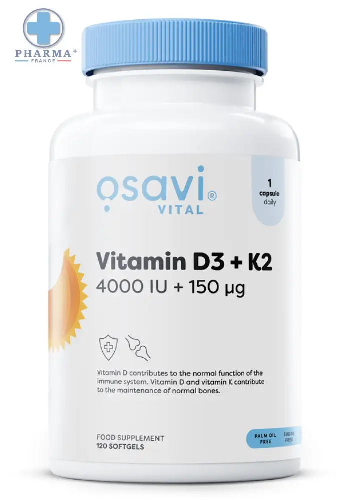 Bouteille plastique blanche avec bouchon bleu clair contenant 120 softgels osavi vital complexe vitaminé découvrez complément alimentaire vitaminé conçu d3 k2