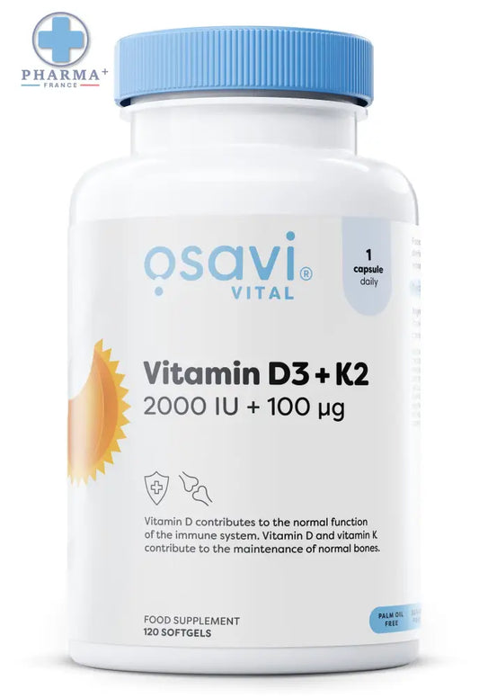 Flacon blanc en plastique avec bouchon bleu osavi complément alimentaire vitaminé d3 k2 60 gélules 2000 iu 100 µg