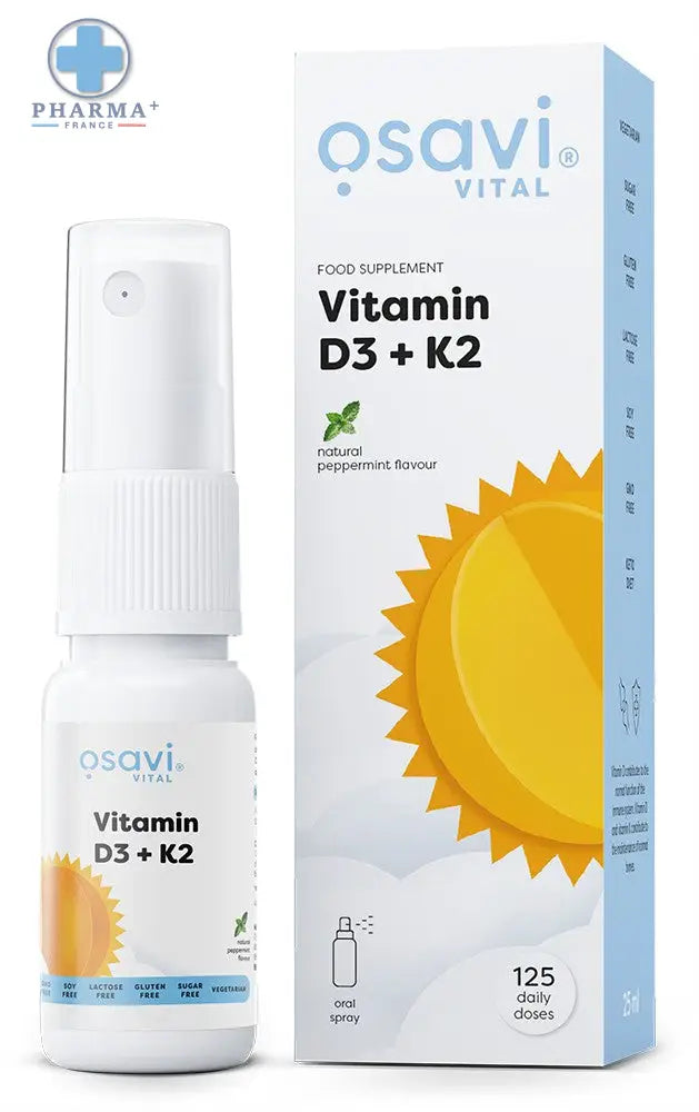 Bouteille spray orale blanche osavi vital vitamin d3 k2 avec capuchon transparent et boîte bleue clair complément alimentaire vitaminé