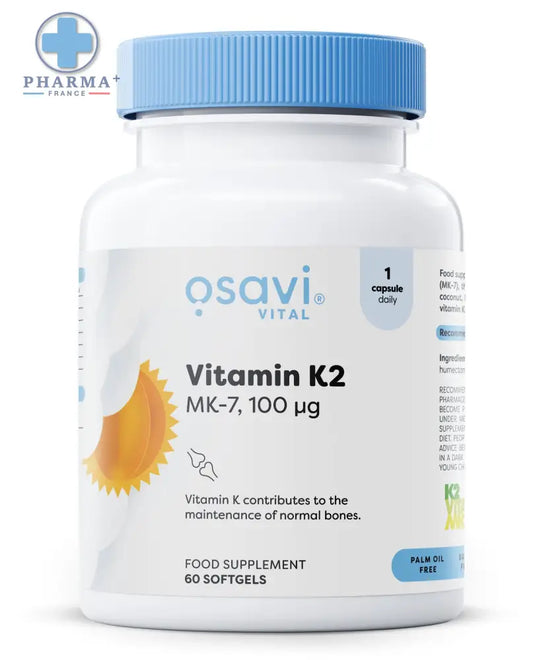 Bouteille en plastique blanc à capuchon bleu clair osavi vital vitamine k2 mk-7 100 µg 60 gélules