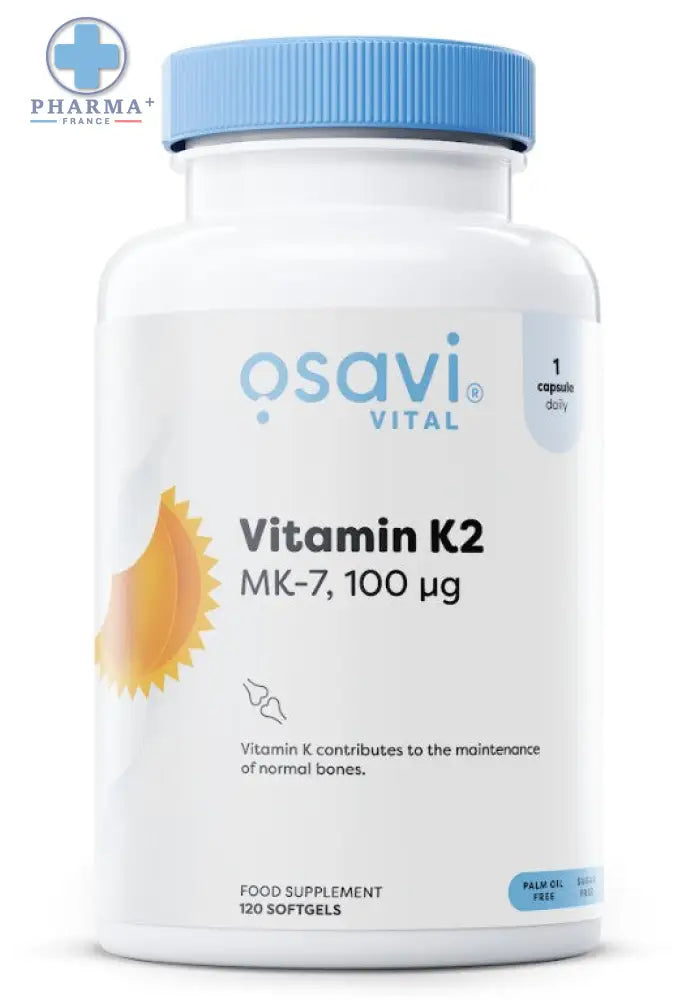 Bouteille blanche en plastique avec capsule bleu clair contenant vitamine k2 mk-7 osavi vital 60 gélules