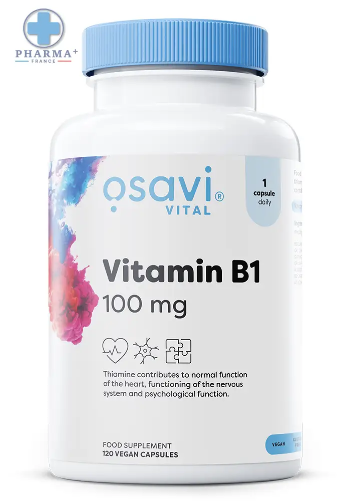 Flacon plastique blanc avec bouchon bleu clair et étiquette colorée osavi vital complexe vitaminé découvrez vitamine b1 100 mg 60 capsules