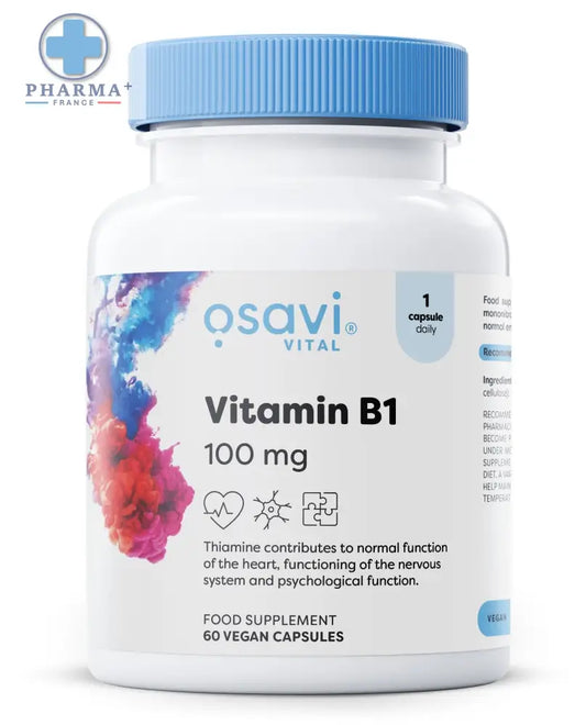 Bouteille plastique blanche avec bouchon bleu clair et étiquette colorée osavi complément alimentaire vitaminé vitamine b1 100 mg