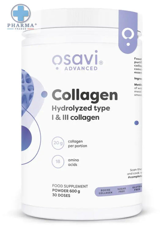 White cylindrical container of osavi complément collagène hydrolysed type i et iii poudre with purple accents on the label