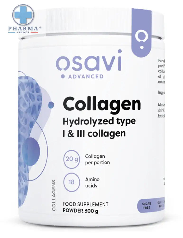 Contenaire blanc cylindrique de poudre osavi collagène hydrolysed type i et iii avec couvercle blanc et marquage violet