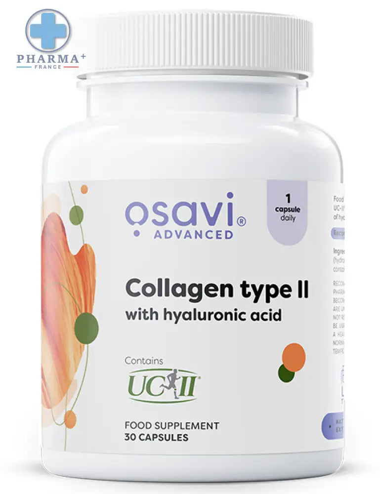 Bouteille blanche en plastique de osavi complément collagène type ii with hyaluronic acid avec design floral orange et vert