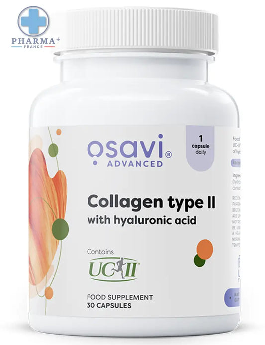 Bouteille blanche en plastique de osavi complément collagène type ii with hyaluronic acid avec design floral orange et vert