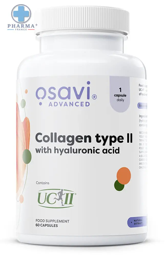 Bouteille en plastique blanc osavi complément collagène type ii with hyaluronic acid avec bouchon blanc et étiquette colorée