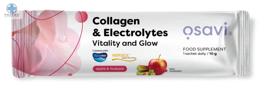 Un sachet argenté sleek de complément collagen vitality and glow apple rhubarb 300 g osavi pomme rhubarbe