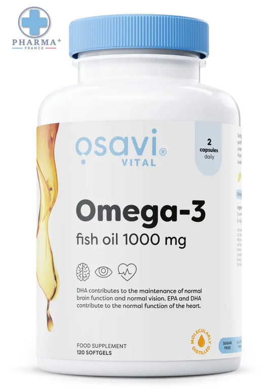 Bouteille blanche en plastique avec capsule bleue contenue poissson molecularly distilled osavi vital 120 gélules omega-3