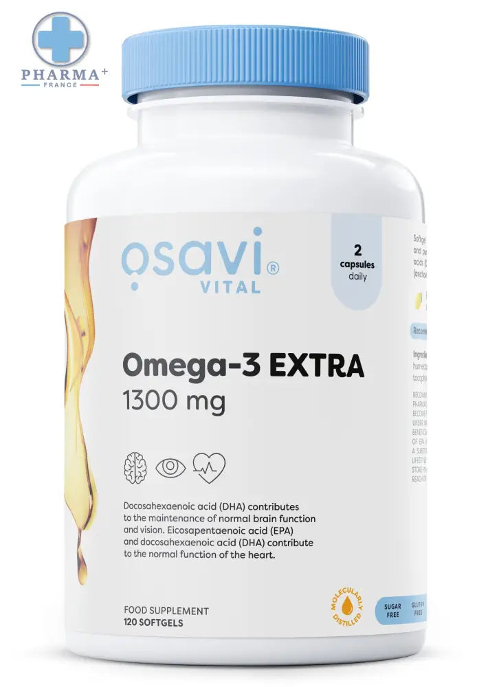 Bouteille blanche en plastique avec capsule bleue et étiquette osavi vital omega 3 extra molecularly distilled 1300 mg gélules
