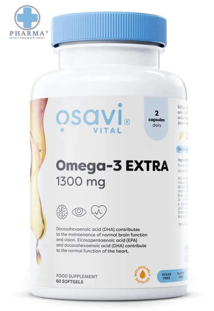 Bouteille blanche en plastique avec capsule bleu clair et étiquette osavi vital pour oméga 3 extra molecularly distilled