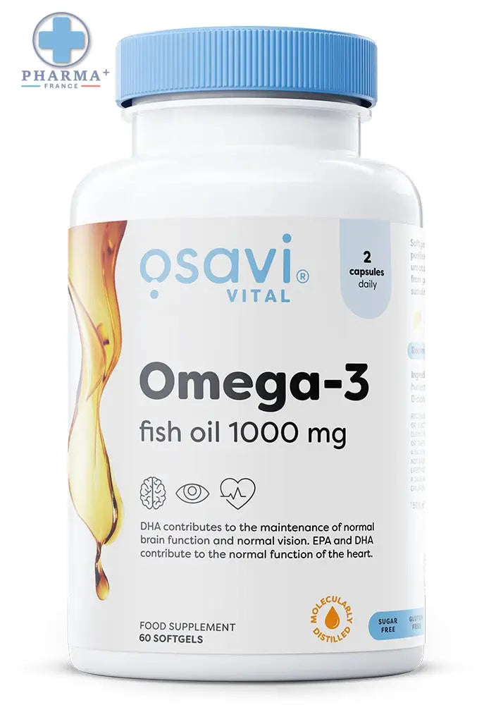 Bouteille blanche en plastique avec capsule bleue et étiquette osavi vital complément oméga 3 poisson molecularly distilled 1000 mg