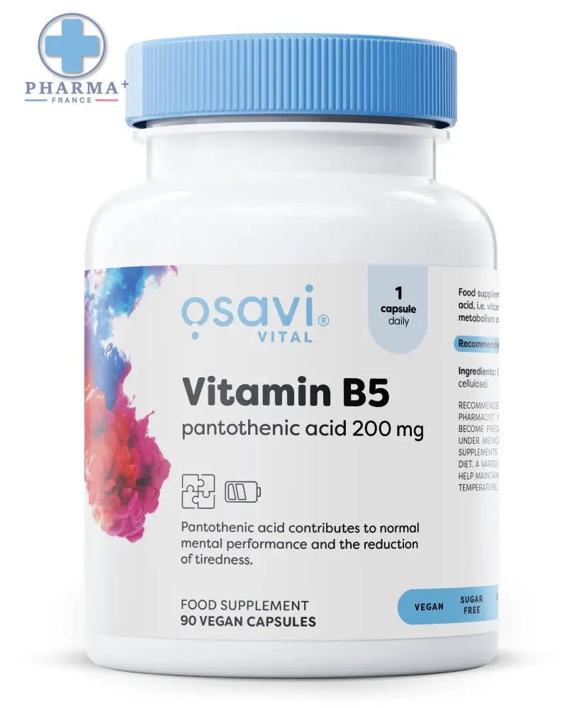 Bouteille blanche en plastique avec bouchon bleu clair contenant 90 gélules végétaliennes vitamine b5 pantothenic acid complexe vitaminé découvrez