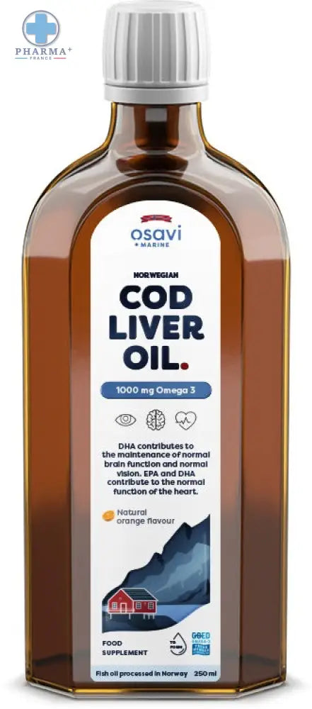 Bouteille en verre marron dhuile de foie de morue norwegian cod liver osavi 1000 mg omega-3 avec capsule blanche
