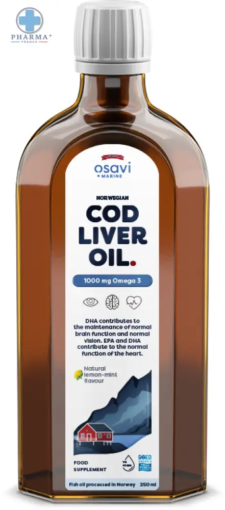 Bouteille en verre brun dhuile de foie de morue norwegian cod osavi saveur citron menthe 250 ml
