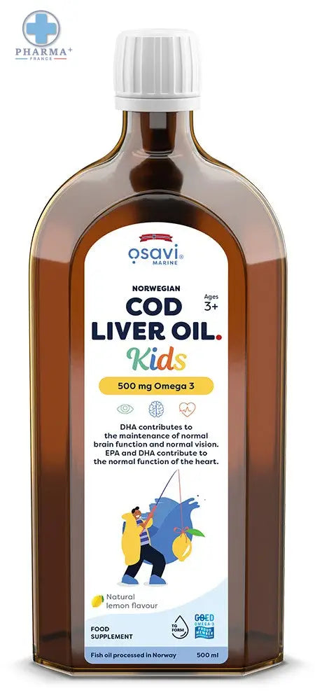 Bouteille en verre marron osavi huile de foie de morue norvégienne pour enfants 500 ml avec bouchon blanc et étiquette colorée
