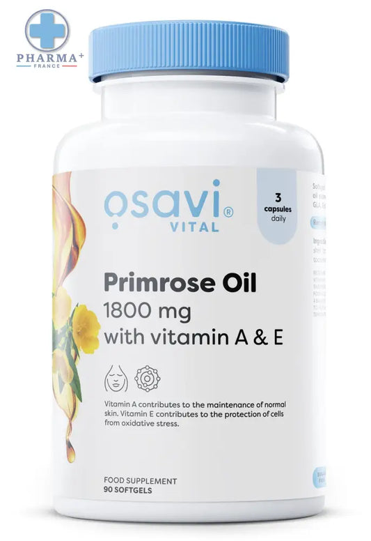 Bouteille blanche en plastique avec capsule bleue osavi primrose oil 90 softgels huile d onagre vitamines a et e