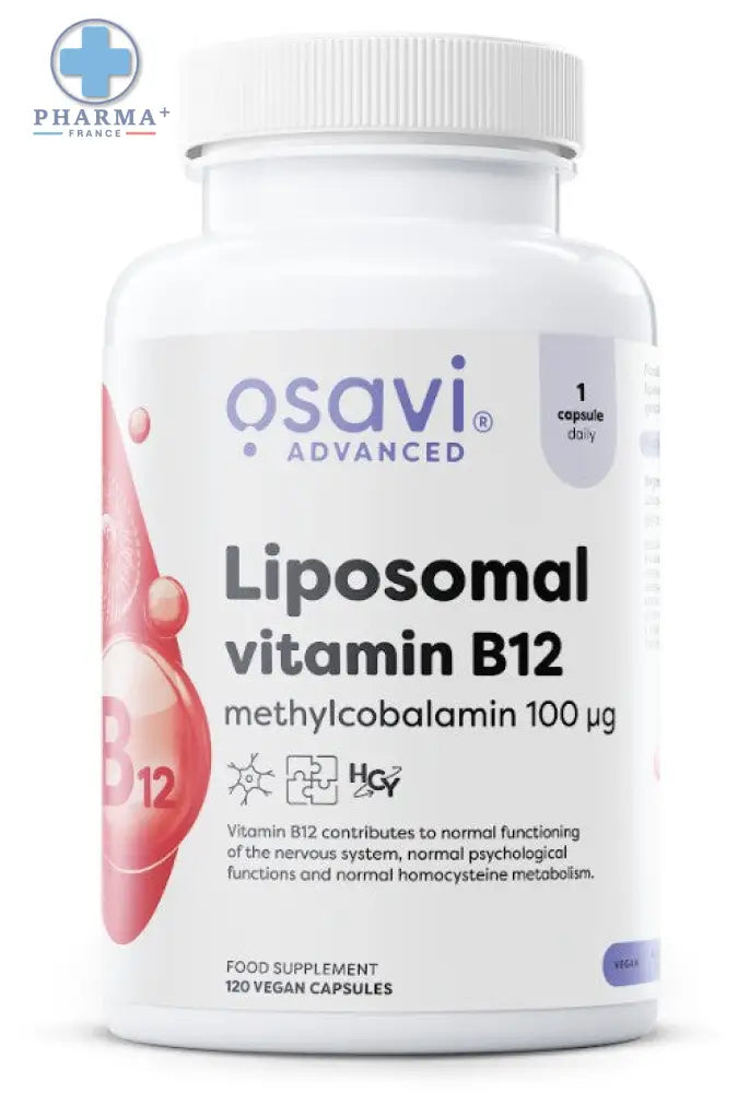 Bouteille blanche en plastique osavi liposomal vitamine b12 methylcobalamin 100mcg avec bouchon blanc et accents roses pour usage avancé