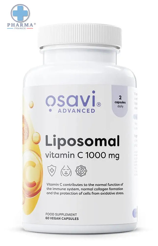 Bouteille blanche en plastique de osavi liposomal vitamine c 1000 mg avec capsule blanche et étiquette au motif goutte oranger