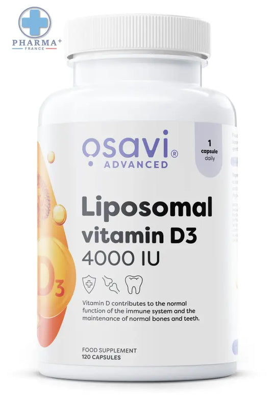 Bouteille blanche en plastique de osavi liposomal vitamine d3 4000 iu avec bouchon blanc et étiquette orange et violet